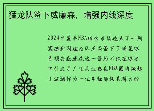 猛龙队签下威廉森，增强内线深度